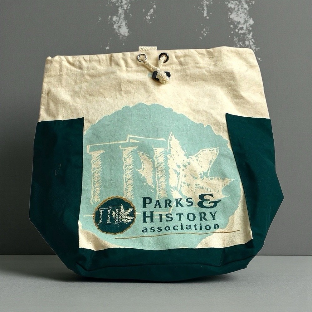 VTG 90s Parks &‎ History Association Canvas Tote Backpack Green Cotton Strap